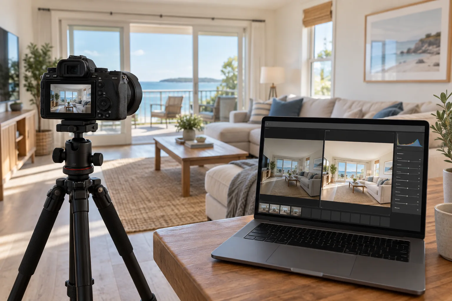 Photographer with camera on tripod next to a laptop displaying a photo editor, in a real living room