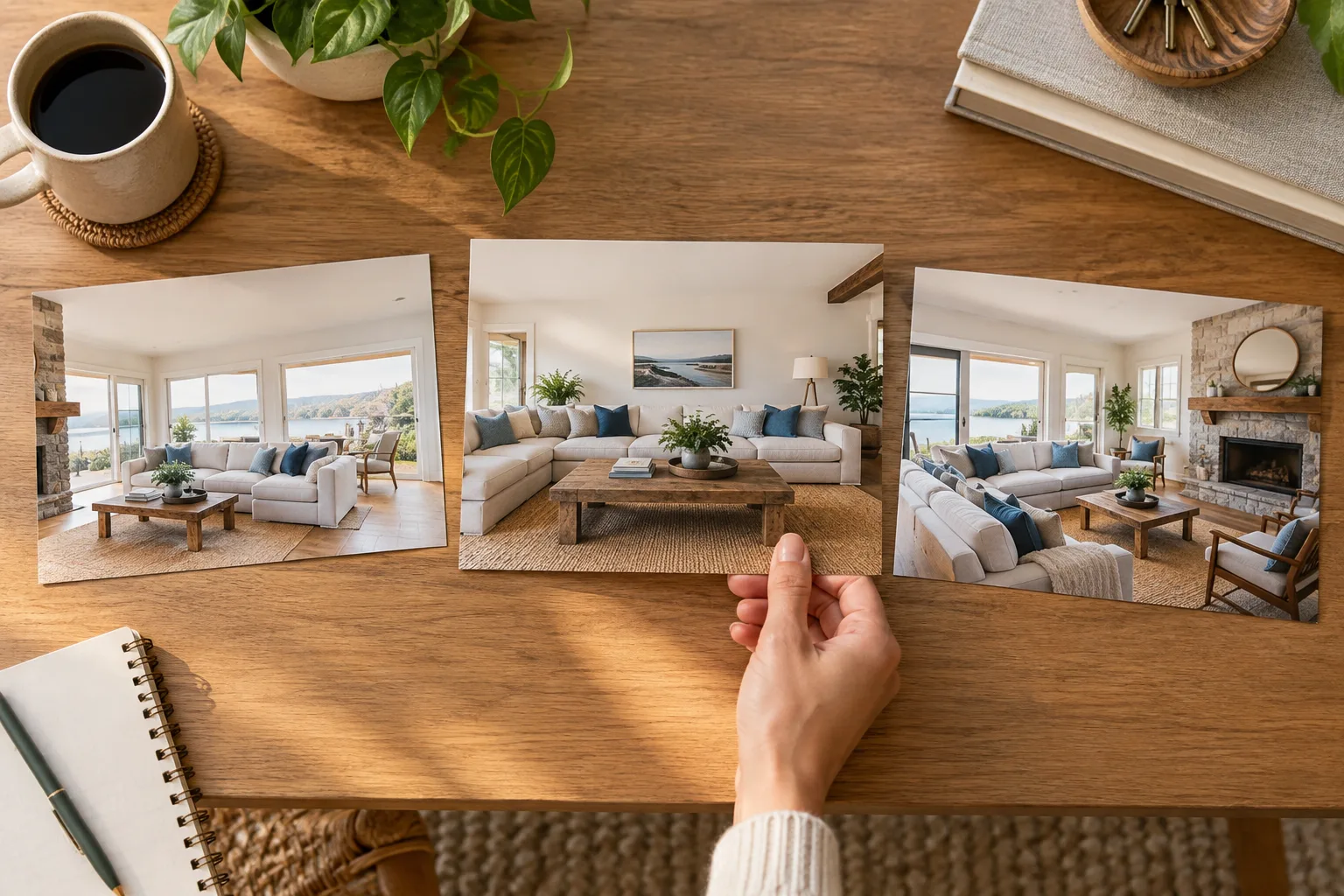 Three photo previews of the same living room compared to choose a listing cover