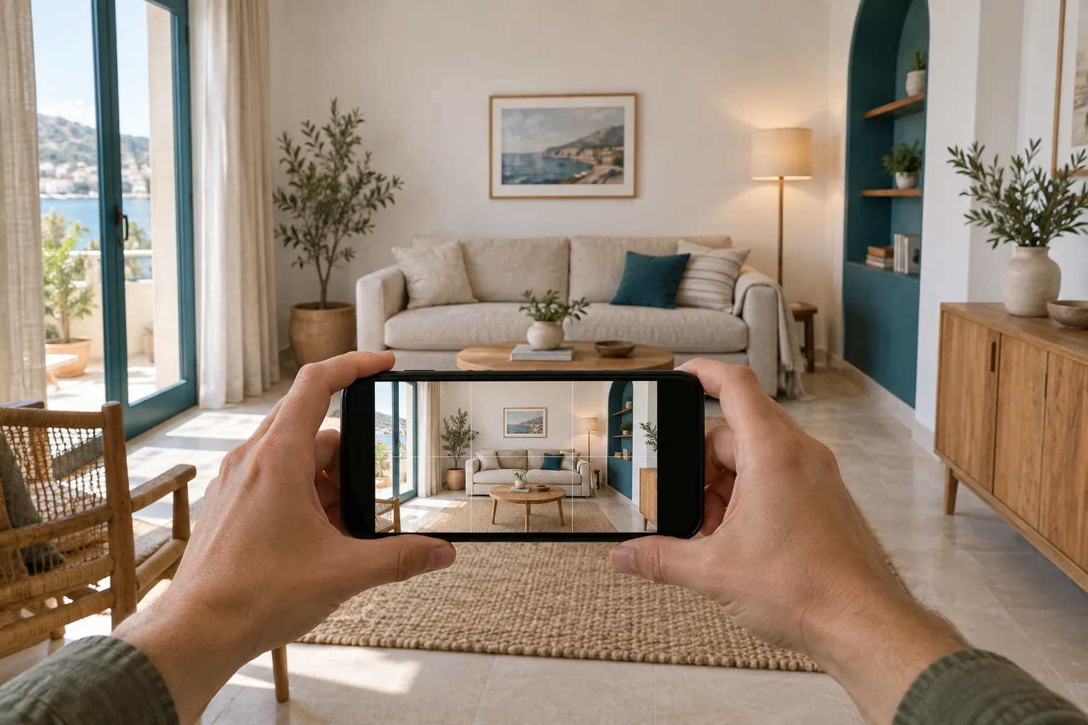 Hands holding a phone in landscape orientation to photograph a bright living room