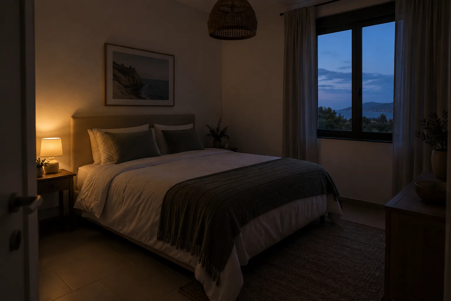 Tidy but dark bedroom lit by a lamp and blue evening light through the window