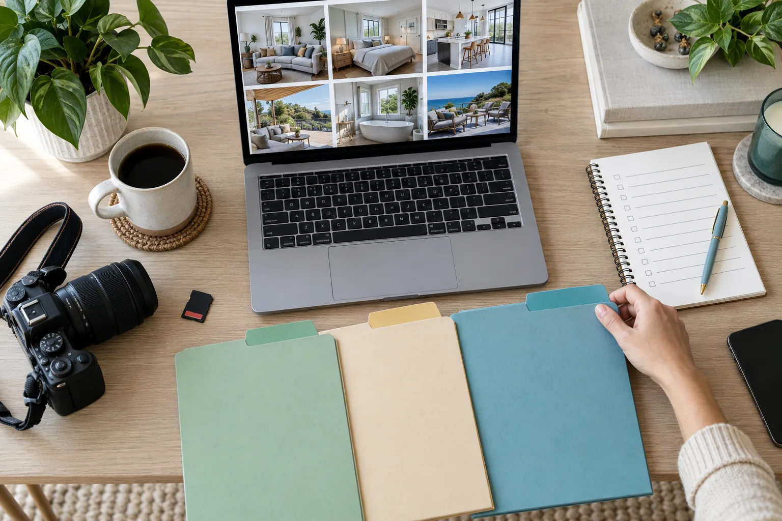 Property manager's desk with laptop, organized photo folders and listing sheets